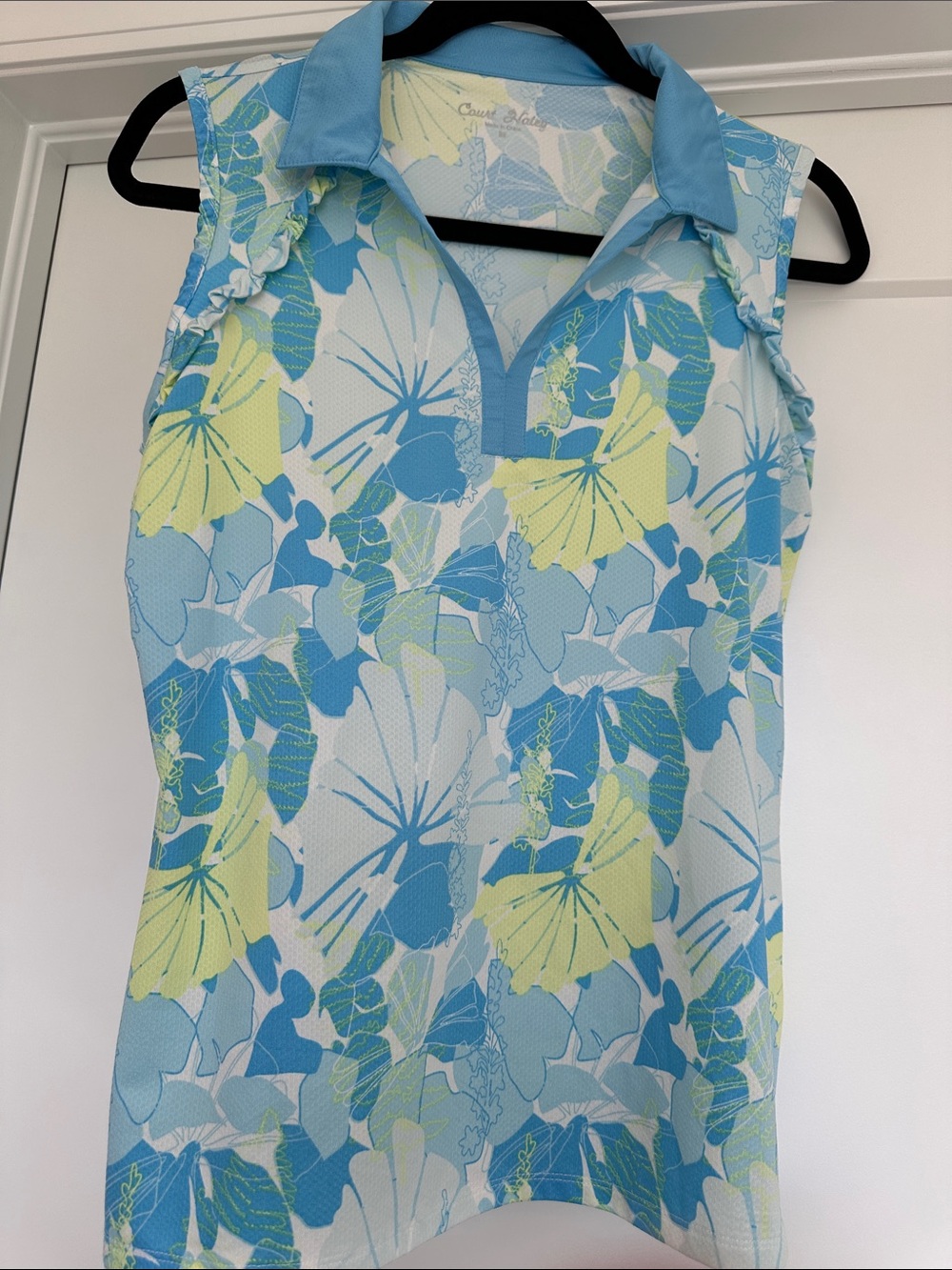 Light Blue and Yellow Floral Sleeveless Polo Tank Top